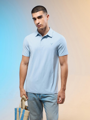 TECHNOSPORT Printed Men Polo Neck Light Blue T-Shirt