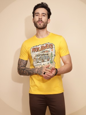 GLOBAL REPUBLIC Printed Men Round Neck Yellow T-Shirt