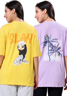 TQH Graphic Print Women Round Neck Yellow, Purple T-Shirt
