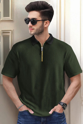 TRIPR Self Design Men Polo Neck Dark Green, Black T-Shirt