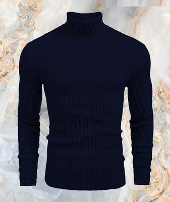 Cat Bunny Self Design High Neck Casual Men Dark Blue Sweater