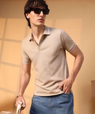 CAMPUS SUTRA Self Design Men Polo Neck Beige T-Shirt