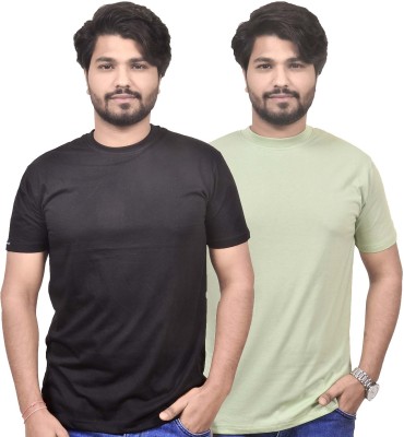 FolkCompany Solid Men Round Neck Black, Light Green T-Shirt