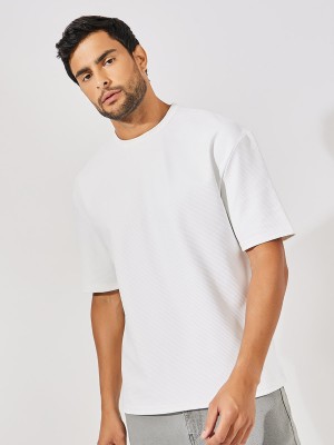 Styli Striped Men Round Neck White T-Shirt