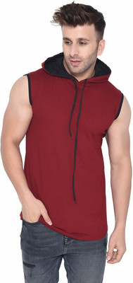 GEUM Solid Men Hooded Neck Maroon, Black T-Shirt
