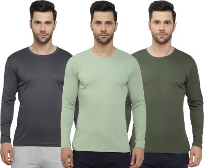 MISSILLE Solid Men Round Neck Grey, Light Green, Dark Green T-Shirt