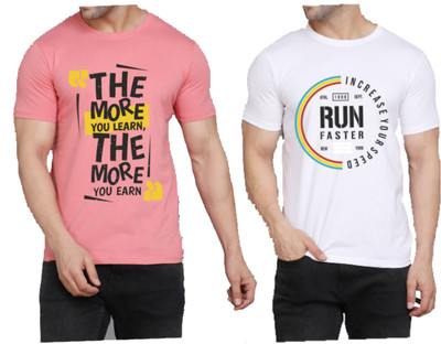 WOOSTRO Printed Men Round Neck Pink, White T-Shirt