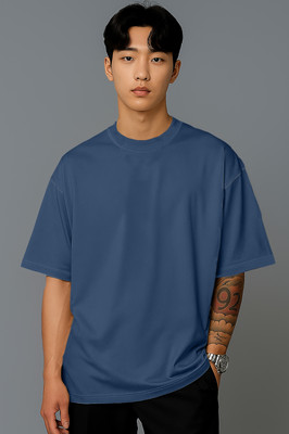 JUGULAR Solid Men Round Neck Dark Blue T-Shirt
