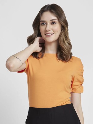 Spykar Solid Women Round Neck Orange T-Shirt