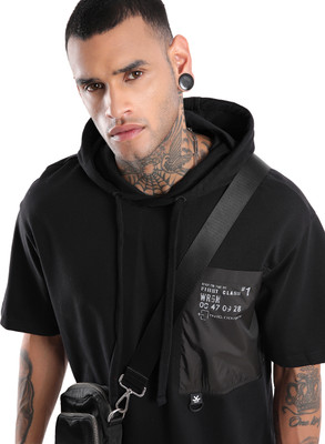 WROGN Solid Men Hooded Neck Black T-Shirt