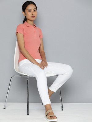 ether Solid Women Polo Neck Pink T-Shirt