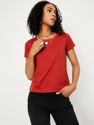 MAX Solid Women Round Neck Brown T-Shirt