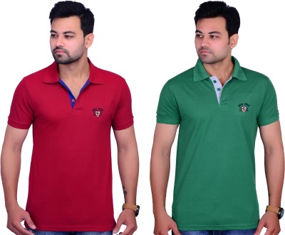 Cousin's Solid Men Polo Neck Dark Green, Red T-Shirt