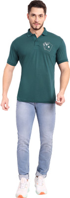 Stroove Solid, Printed Men Polo Neck Green T-Shirt