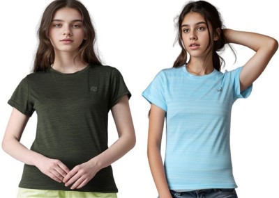 ND Solid Women Round Neck Dark Green, Light Blue T-Shirt