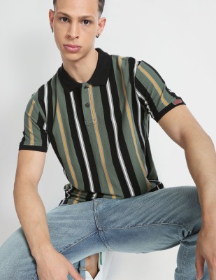 FLYING MACHINE Striped Men Polo Neck Green T-Shirt