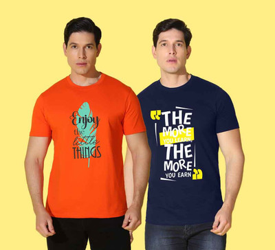 WOOSTRO Printed, Solid Men Round Neck Blue, Orange T-Shirt