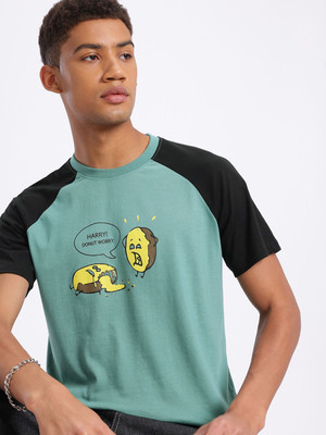 Glitchez Printed Men Round Neck Green T-Shirt
