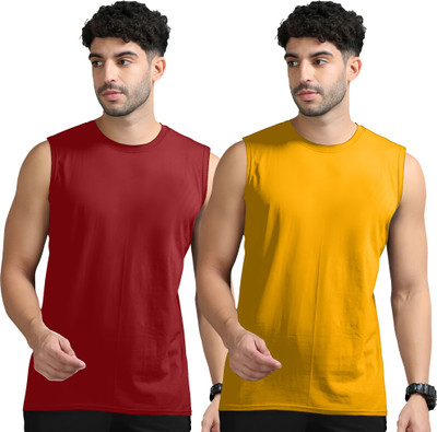 Adorbs Solid Men Round Neck Maroon, Yellow T-Shirt