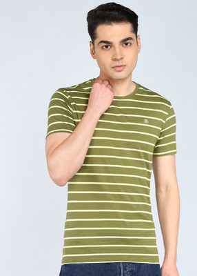 Peter England University Striped Men Round Neck Light Green T-Shirt