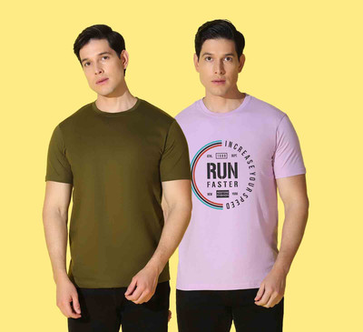 WOOSTRO Printed, Solid Men Round Neck Green, Purple T-Shirt