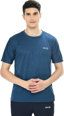 playR Solid Men Round Neck Blue T-Shirt
