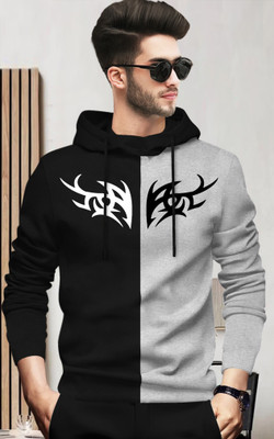 BLIVE Printed Men Hooded Neck Black, Grey T-Shirt