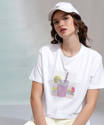 Tokyo Talkies Printed Women Round Neck White T-Shirt