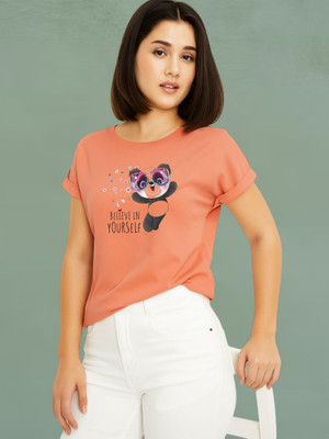 Lecowar Printed Women Round Neck Pink T-Shirt
