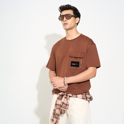 Street 808 by Pantaloons Solid Men Round Neck Brown T-Shirt