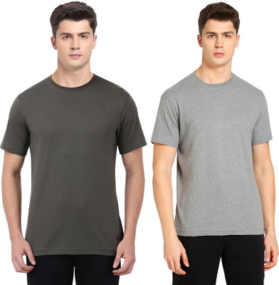 JOCKEY Solid Men Round Neck Dark Green, Grey T-Shirt