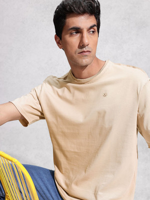 WROGN Solid Men Round Neck Beige T-Shirt
