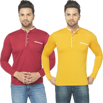 JB Jagoboy Solid Men Henley Neck Maroon, Yellow T-Shirt