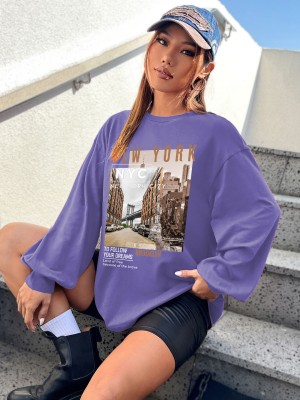 CHKOKKO Printed Women Crew Neck Purple T-Shirt