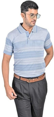 Starfashion Solid Men Polo Neck Blue T-Shirt