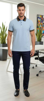 K A OUTDOOR FURNITURE Solid, Geometric Print Men Polo Neck Light Blue T-Shirt