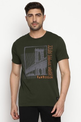 VAN HEUSEN Printed, Typography Men Round Neck Green T-Shirt