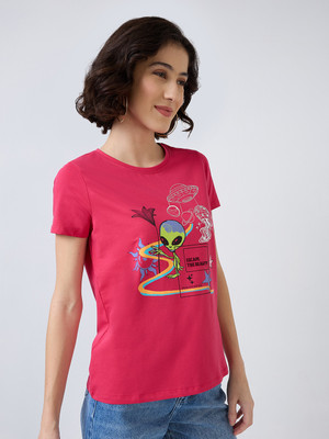 Spykar Graphic Print Women Round Neck Pink T-Shirt
