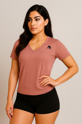 ANTUM Solid Women V Neck Pink T-Shirt