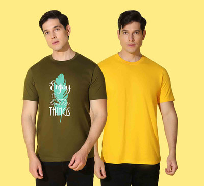 WOOSTRO Printed, Solid Men Round Neck Yellow, Green T-Shirt