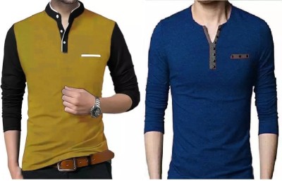 Vescor Design Solid Men Mandarin Collar Yellow, Blue T-Shirt