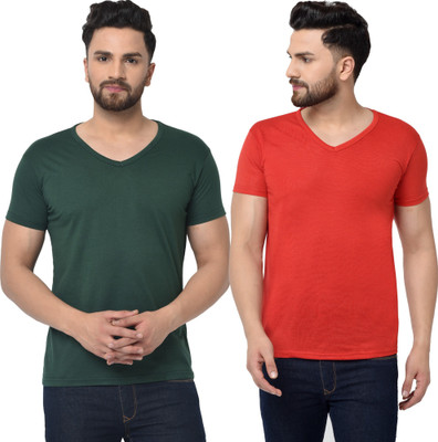 Tresna Trending Solid Men V Neck Dark Green, Red T-Shirt