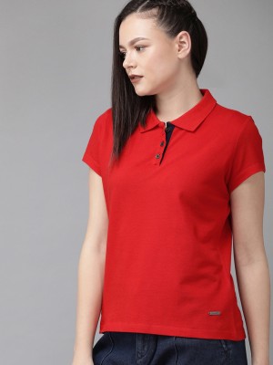 Roadster Solid Women Polo Neck Red T-Shirt