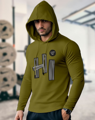 AOOSH Printed Men Hooded Neck Green T-Shirt