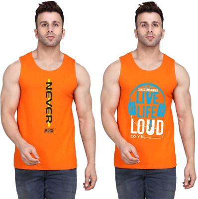 SLOWLORIS Printed Men Scoop Neck Orange T-Shirt