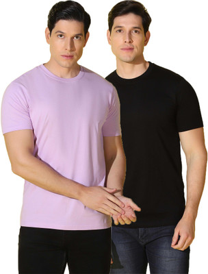WOOSTRO Solid Men Round Neck Purple, Black T-Shirt