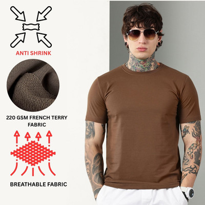 Own The Look Solid Men Round Neck Brown T-Shirt