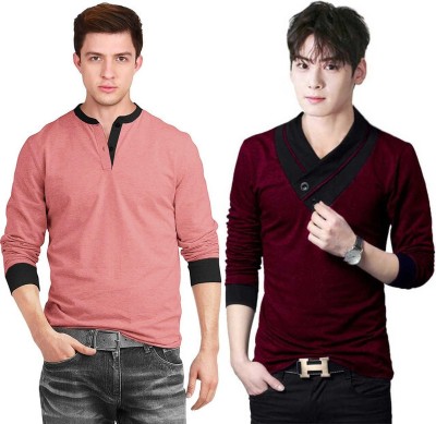 f Gallery Solid Men Henley Neck Pink, Maroon, Black T-Shirt