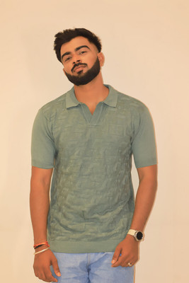 CottonAvenue Self Design Men Polo Neck Grey T-Shirt