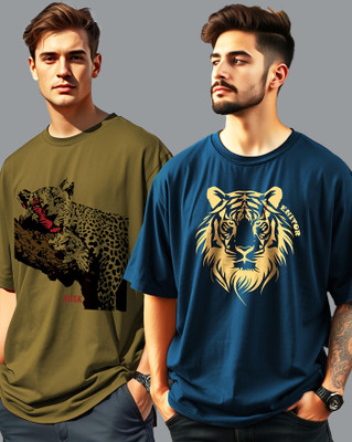 ENITOR Printed Men Round Neck Green, Dark Blue T-Shirt